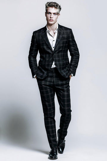 Mix Black Grid 2-Piece Slim Fit Notched Lapel Men Formal Suits